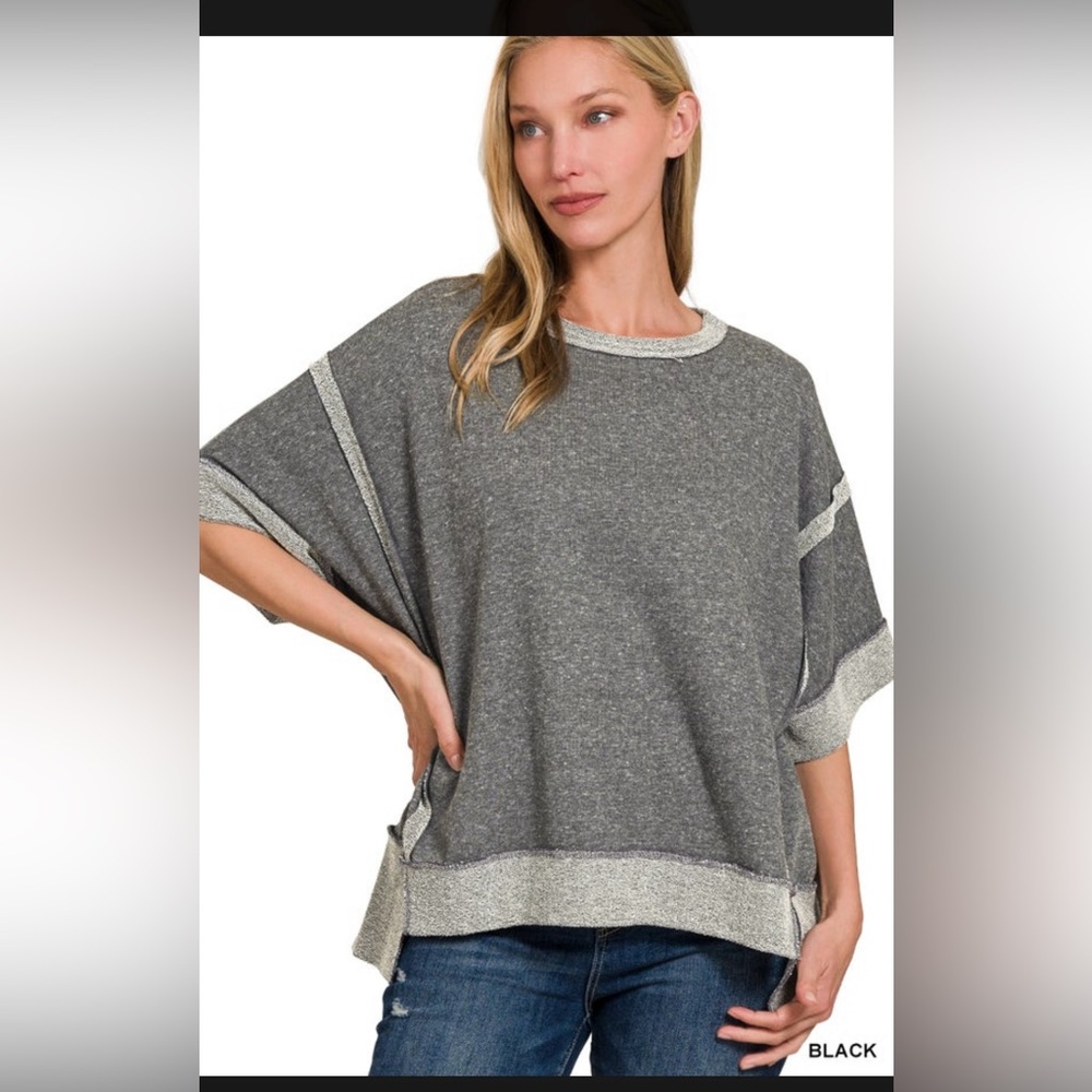 Zenana contrast trim grayish black top